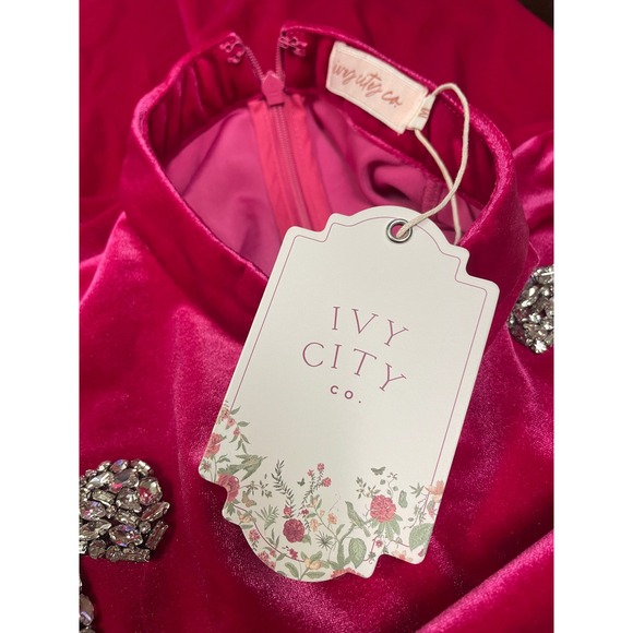 NWT Ivy City Co Pink Velvet Rhinestone Bows Feather Cuff Midi Dress Glam Twee M - Picture 13 of 15